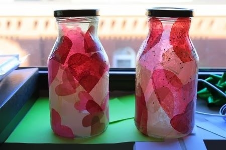 valentines day crafts glass jar tissue paper hearts pink red white
