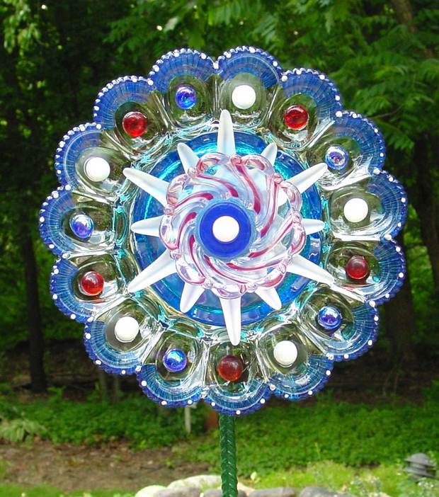 garden glass flowers blue colored dishes creative art decoration