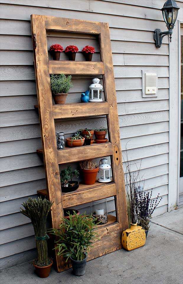recycling old wooden doors outdoor flower pots shelves creative backyard idea