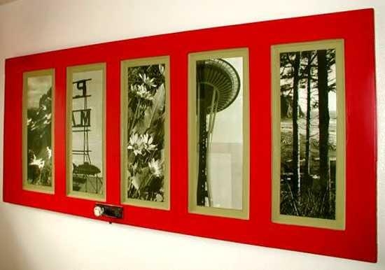 recycling old wooden doors red painted photo frame wall hanging indoor creative idea