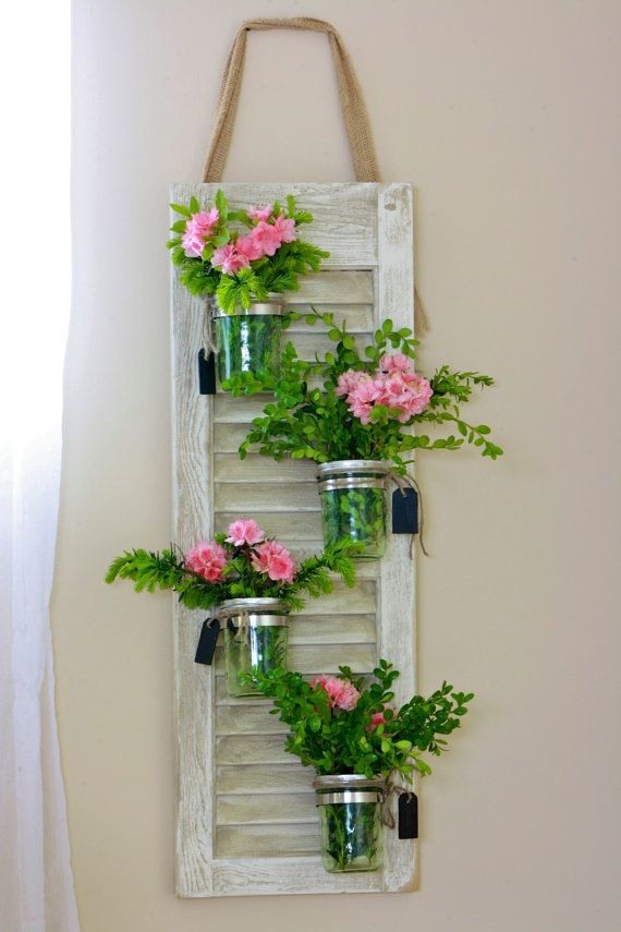 recycling old wooden window frame wall hanging with glass jar flowers decor idea