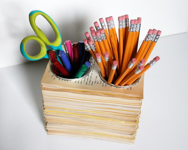 reuse old books pages pencils cups diy work desk creative craft idea