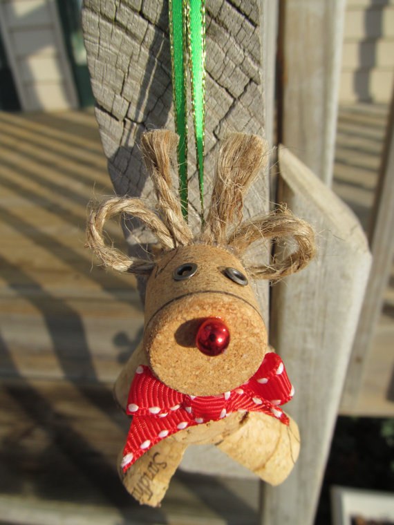 wine cork christmas crafts handmade ornament red nosed deer red ribbon decor