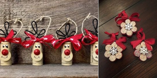 wine cork christmas craft handmade ornaments red nosed deers red ribbons