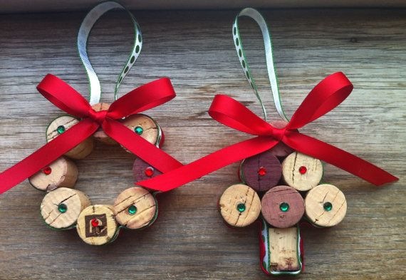 wine cork christmas crafts upcycled painted ornaments red ribbons