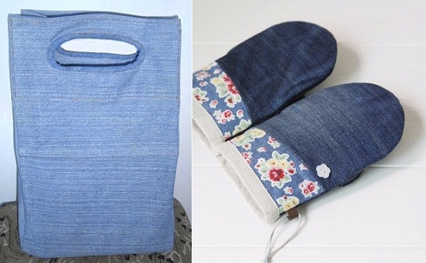 reuse old jeans handmade shopping bag kitchen gloves for cooking
