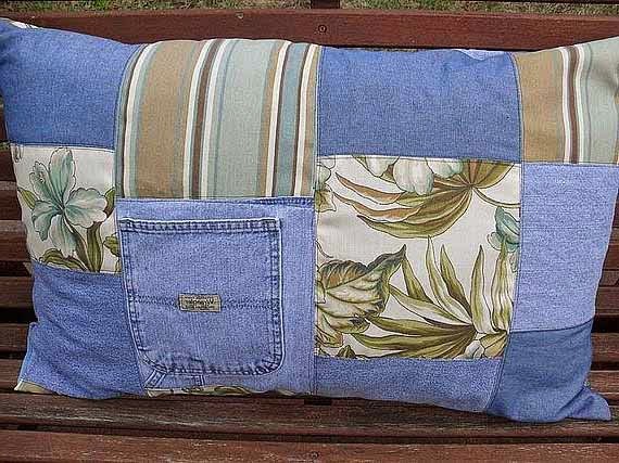 repurpose old jeans upcycled handmade pillowcase outdoor decoration idea