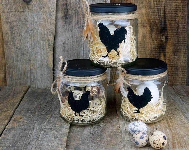 easter crafts old glass jars eggs rope decoration